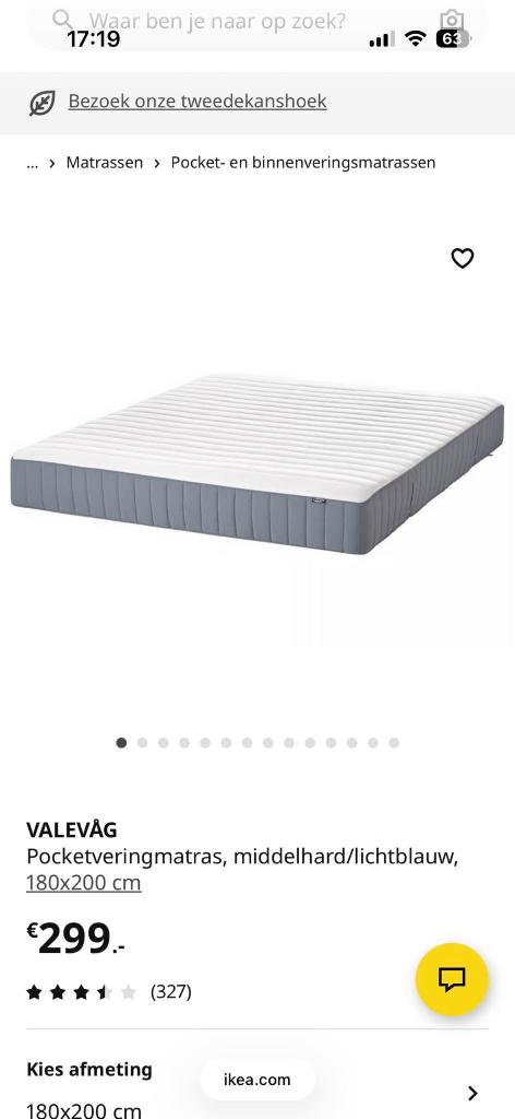 IKEA Matras valevag + evt cloudpillo topper, Huis en Inrichting, Slaapkamer | Matrassen en Bedbodems, Ophalen, Tweepersoons, Zo goed als nieuw