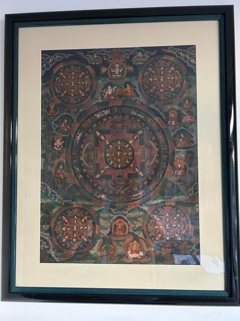 Tibetaanse mandala Tangkha (ingelijst in passe partout), Antiek en Kunst, Ophalen