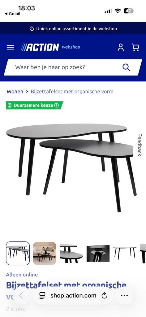 Twee salontafels van Action, Gebruikt, Overige vormen, Minder dan 50 cm, Overige houtsoorten