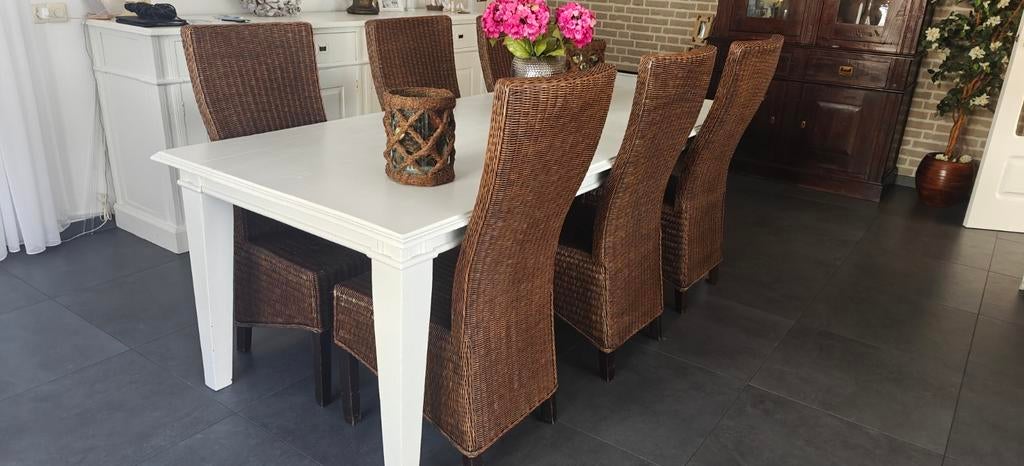 Eetkamerstoelen 6 stuks rotan donkerbruin, Huis en Inrichting, Stoelen, Ophalen, Gebruikt, Bruin, Riet of Rotan