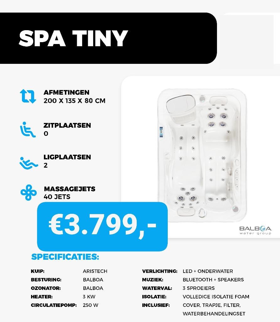 Jacuzzi Tiny (Balboa) 2 persoons - 200x135cm - 40 jets, Ophalen, Nieuw, Afdekzeil