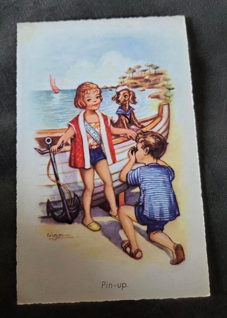 Meisje met hondje poseert bij boot voor fotograaf, Verzamelen, Verzenden, 1940 tot 1960, Ongelopen, Kinderen