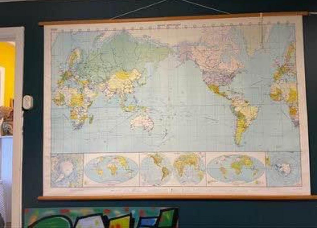 Antieke schoolplaat wereldkaart 150x210 cm, Ophalen, Aardrijkskunde