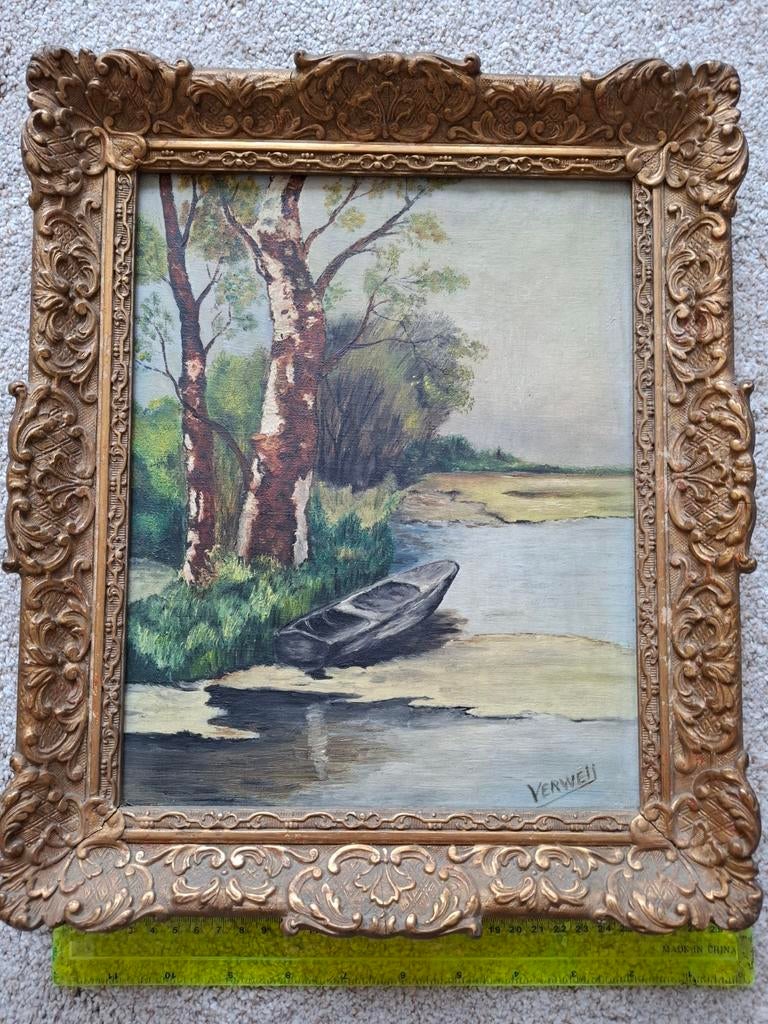 Schilderij met bootje en bomen, gesigneerd Verweij, Ophalen