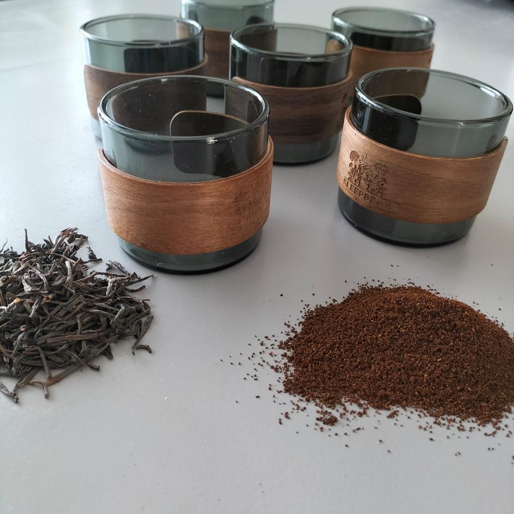 Unieke Glazen Koffie/Thee Set, hittebestendig. Hout, Nieuw, Ophalen of Verzenden, Grijs, Glas