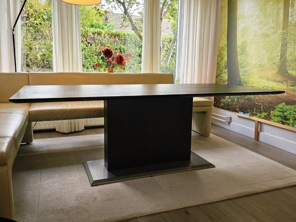 Fijne tafel met hoekbank, Huis en Inrichting, Complete eetkamers, Ophalen, Zo goed als nieuw, 6 tot 8 stoelen