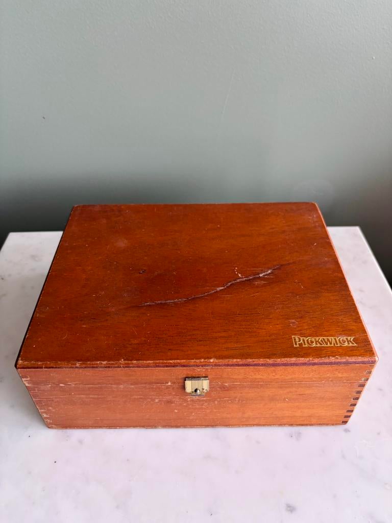 Vintage houten theedoos Pickwick 6-vaks retro, Ophalen of Verzenden, Gebruikt