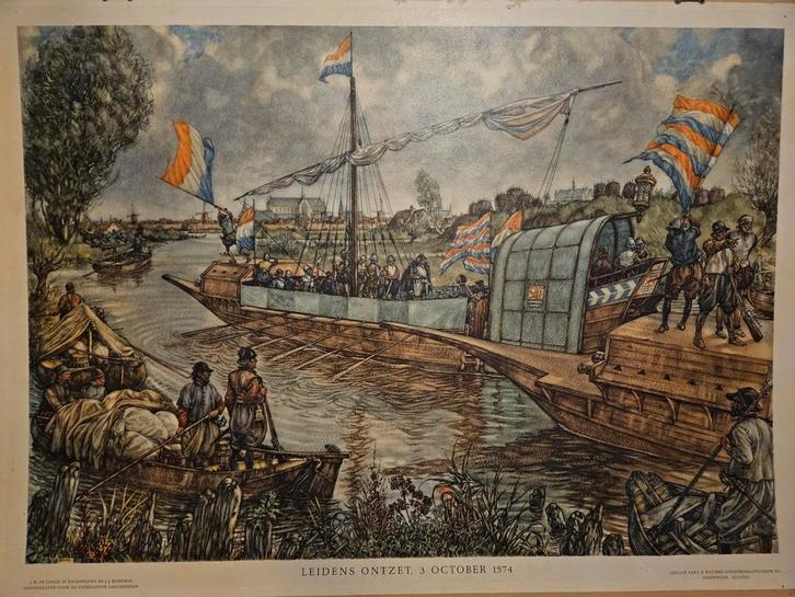 Oude schoolplaat Leids Ontzet 3 oktober 1574 - J.B. Wolters, Antiek en Kunst, Antiek | Schoolplaten, Ophalen