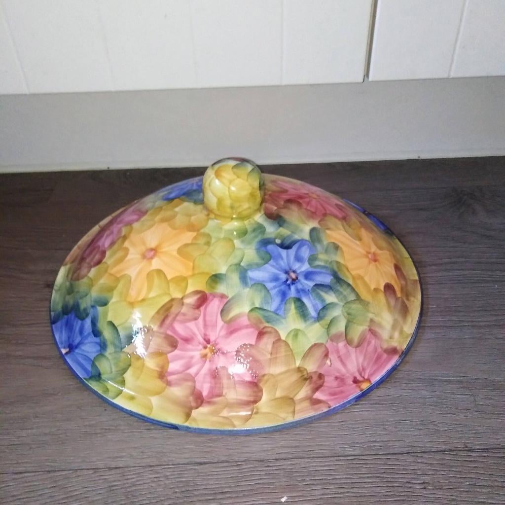 Grote deksel/stolp van aardewerk met gekleurde bloemen, Ophalen, Gebruikt
