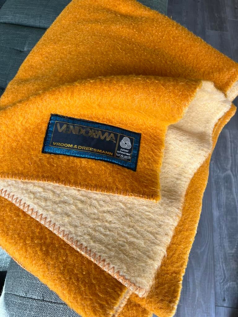 Prachtige vintage XL wollen deken oranje geel, Dieren en Toebehoren, Ophalen of Verzenden, Gebruikt