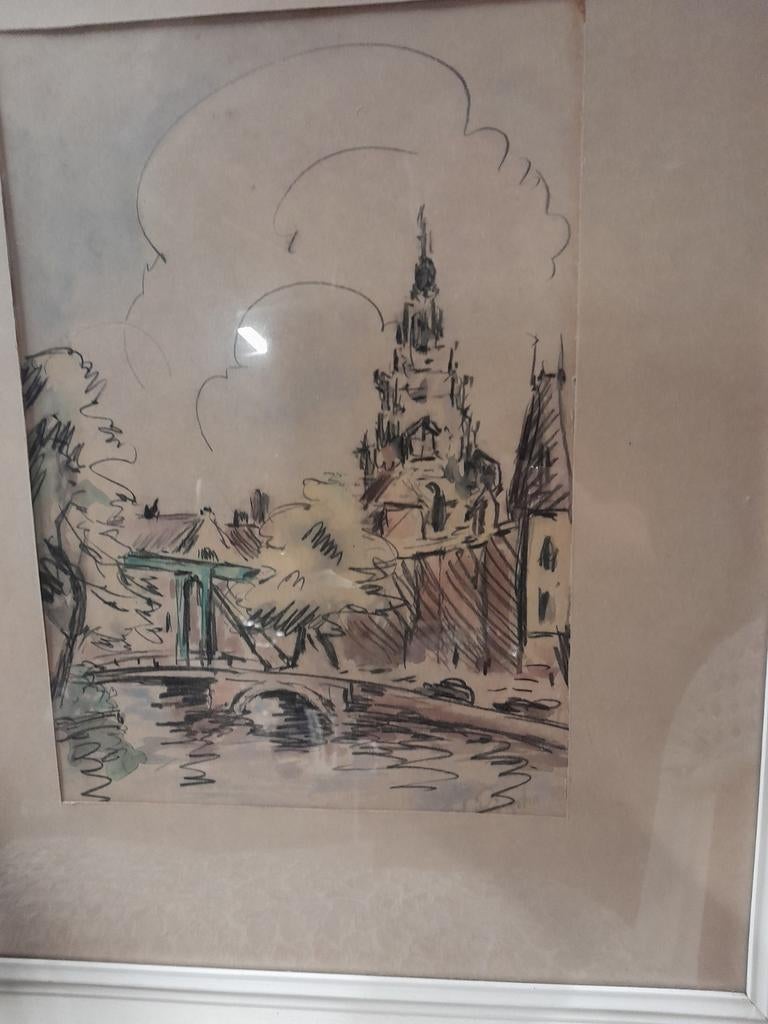 Ingekleurde pentekening van Theo G. Riegstra, Ophalen of Verzenden