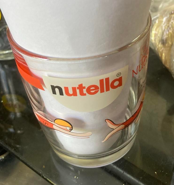 Vintage Nutella glas met vissen, “nuota come un pesce”, Ophalen of Verzenden, Gebruikt
