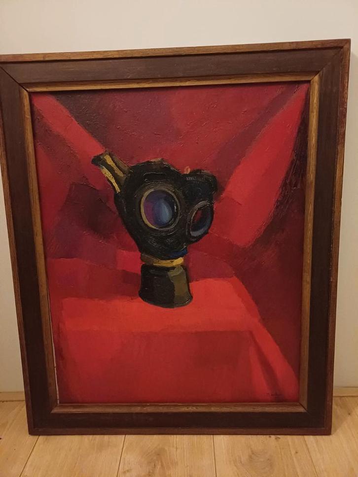 Schilderij gasmasker WO 1, Antiek en Kunst, Kunst | Schilderijen | Klassiek, Ophalen of Verzenden