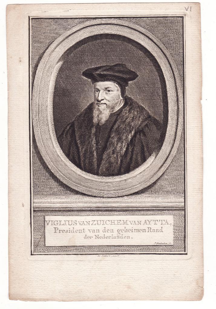 Viglius van Zuichem van Aytta Pres. Geheime Raad Nederland, Antiek en Kunst, Kunst | Etsen en Gravures, Gravure, Blanco verso