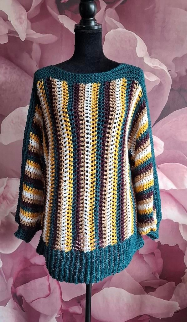 Gehaakte trui petrol multicolor, Overige kleuren, Wendy, Maat 46/48 (XL) of groter, Nieuw