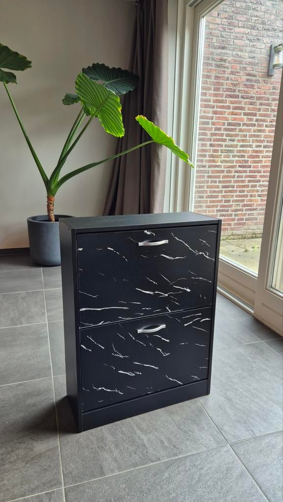 Zwart schoenenkastje met marble-effect en 2 lades, Huis en Inrichting, Kasten | Schoenenrekken, Gebruikt, Ophalen