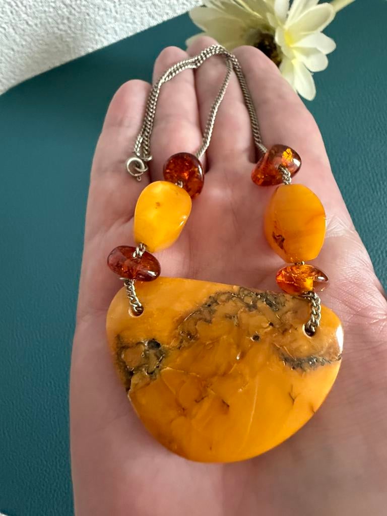 S092/Unieke 2 kleurige Natuurlijke BARNSTEEN ketting, Sieraden, Tassen en Uiterlijk, Kettingen, Gebruikt, Verzenden, Geel, X