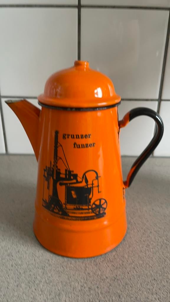 Grunzer funzer emaille koffiekan kan pot oranje Germany, Antiek en Kunst, Ophalen of Verzenden