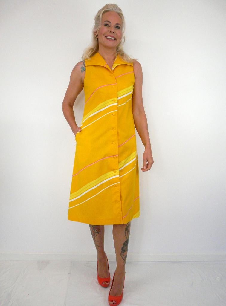 *Abfab Vintage Gele Katoenen Doorknoop Jurk M*, Maat 38/40 (M), Geel, Ophalen of Verzenden, Knielengte