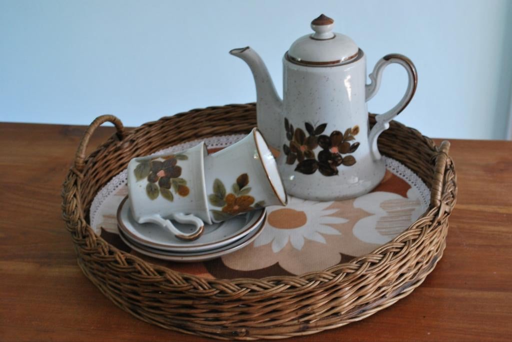 Rieten dienblad met vintage stofje - 37 cm, Ophalen of Verzenden, Rond, Hout