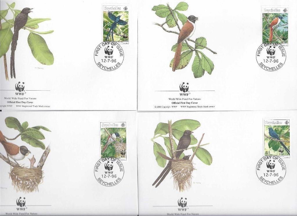 Vogels wwf wnf seychelles 4 fdc bedreigde diersoorten 1996, Ophalen of Verzenden, Postfris, Dier of Natuur