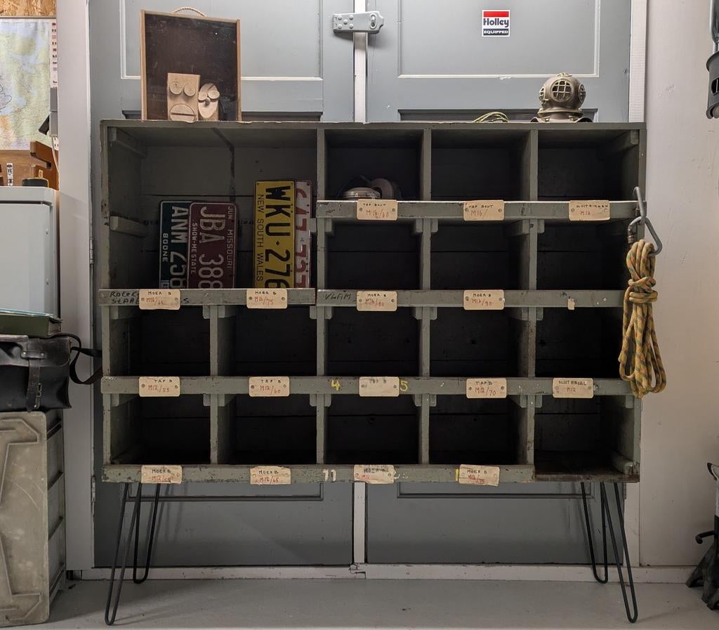 Vintage houten vakkenkast, Ophalen, Gebruikt, Minder dan 150 cm, Minder dan 100 cm