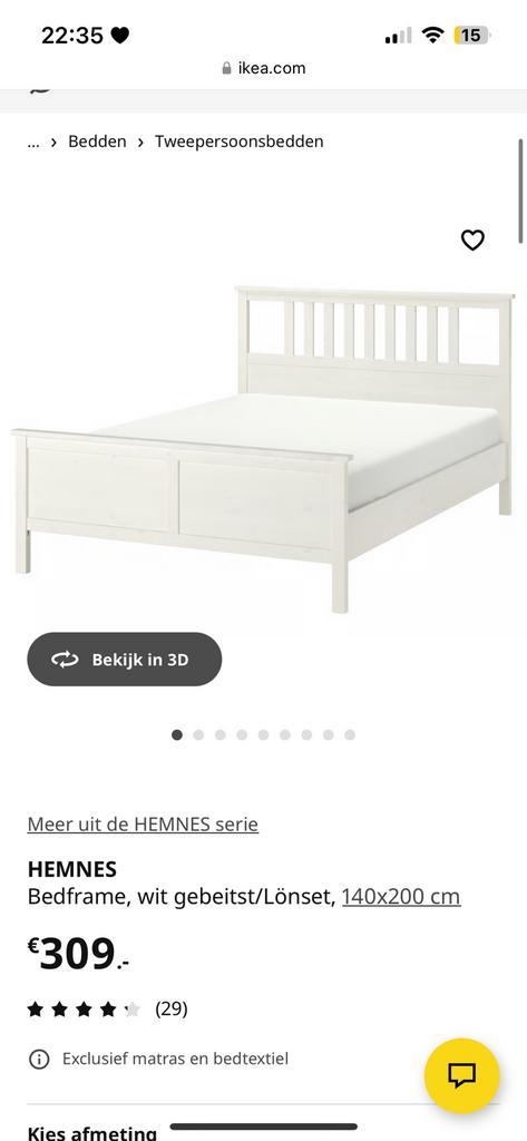 IKEA HEMNES bed 140x200 cm wit + matras, Huis en Inrichting, Slaapkamer | Bedden, Zo goed als nieuw, Tweepersoons, 140 cm, Hout