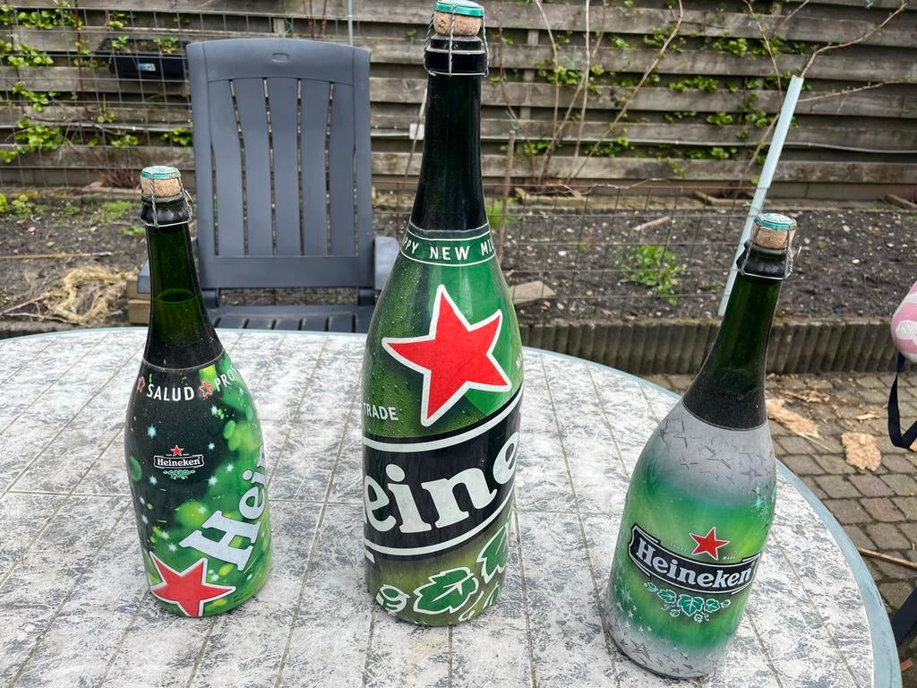 Bijna gratis 3 Heineken flessen (mooi voor man cave), Ophalen, Zo goed als nieuw, Overige typen, Heineken
