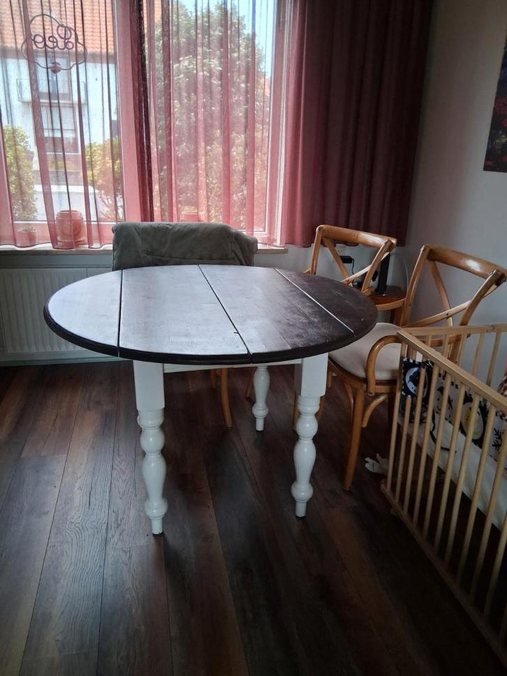 Ronde eettafel, massief hout, inklapbaar en verlengbaar, Huis en Inrichting, Tafels | Eettafels, Gebruikt, 100 tot 150 cm, 100 tot 150 cm