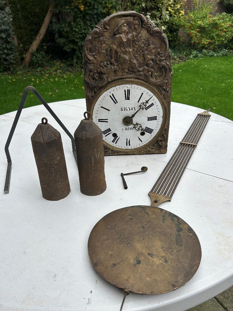 Comtoise ankergang met harpslinger compleet ca 1880 'vuil', Antiek en Kunst, Antiek | Klokken, Ophalen of Verzenden