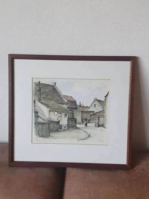 Ingekl. Litho Katwijk oude huizen Gerard v Berkel., Antiek en Kunst, Kunst | Litho's en Zeefdrukken, Ophalen