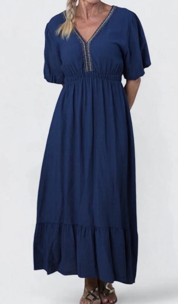 Ibiza lange jurk marine blauw korte mouwen dames maat 36/44, Kleding | Dames, Jurken, Nieuw, Maat 42/44 (L), Blauw, Onder de knie