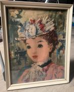 Mooi schilderij - L’Abee Renaisance dame bloemenboeket hoed, Antiek en Kunst, Kunst | Schilderijen | Klassiek, Ophalen of Verzenden