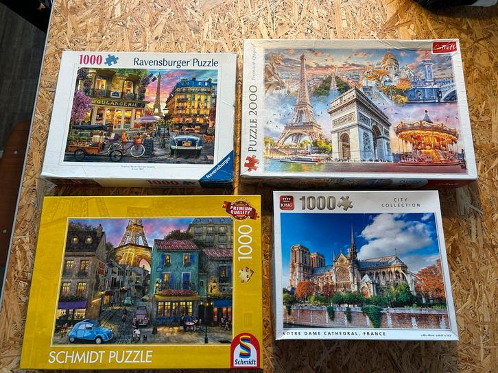 Puzzelcollectie Parijs - puzzels 4 stuks, Hobby en Vrije tijd, Denksport en Puzzels, Gebruikt, Legpuzzel, 500 t/m 1500 stukjes