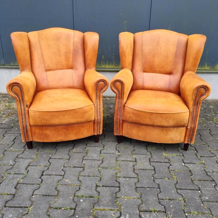 2 geleefde schapenleren Joris fauteuils sleets + BEZORGING, Huis en Inrichting, Fauteuils, Gebruikt, Leer, 75 tot 100 cm, 75 tot 100 cm