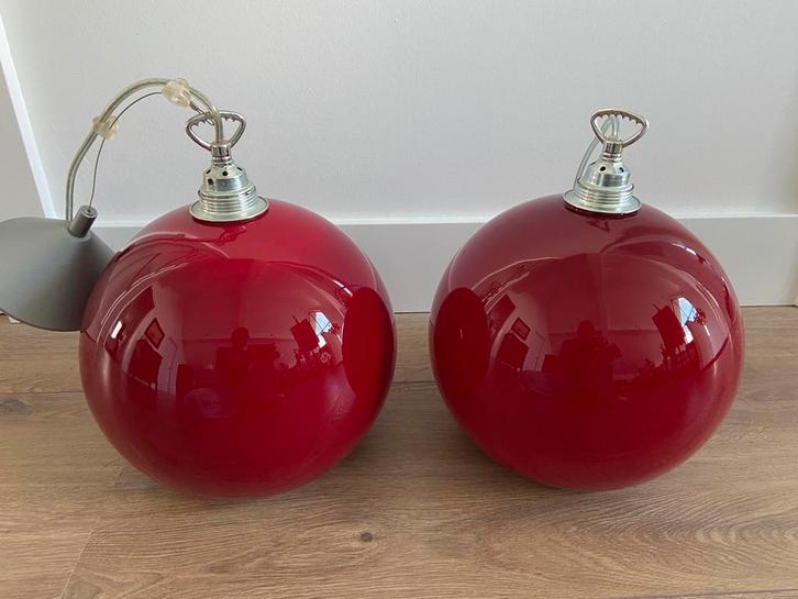 Vintage retro rode glazen bollampen hanglamp rood glas lamp, Antiek en Kunst, Curiosa en Brocante, Ophalen of Verzenden