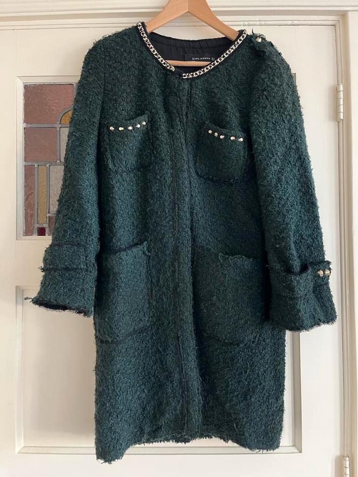 Zara Bouclé Vest Donkergroen XS/S, Kleding | Dames, Jasjes, Kostuums en Pakken, Zo goed als nieuw, Jasje, Maat 34 (XS) of kleiner