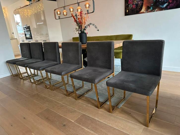 6 luxe eetkamerstoelen met gouden poten, Huis en Inrichting, Stoelen, Zo goed als nieuw, Vijf, Zes of meer stoelen, Stof, Grijs