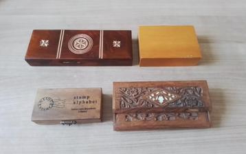 3 Antieke houten  postzegeldoosjes,antiek stamp alfabet. 