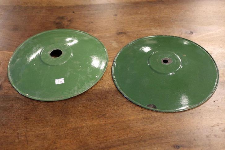 Brocante - Stoere emaille lampschalen!, Huis en Inrichting, Lampen | Lampenkappen, Gebruikt, Rond, Zwart, Groen, Ophalen of Verzenden