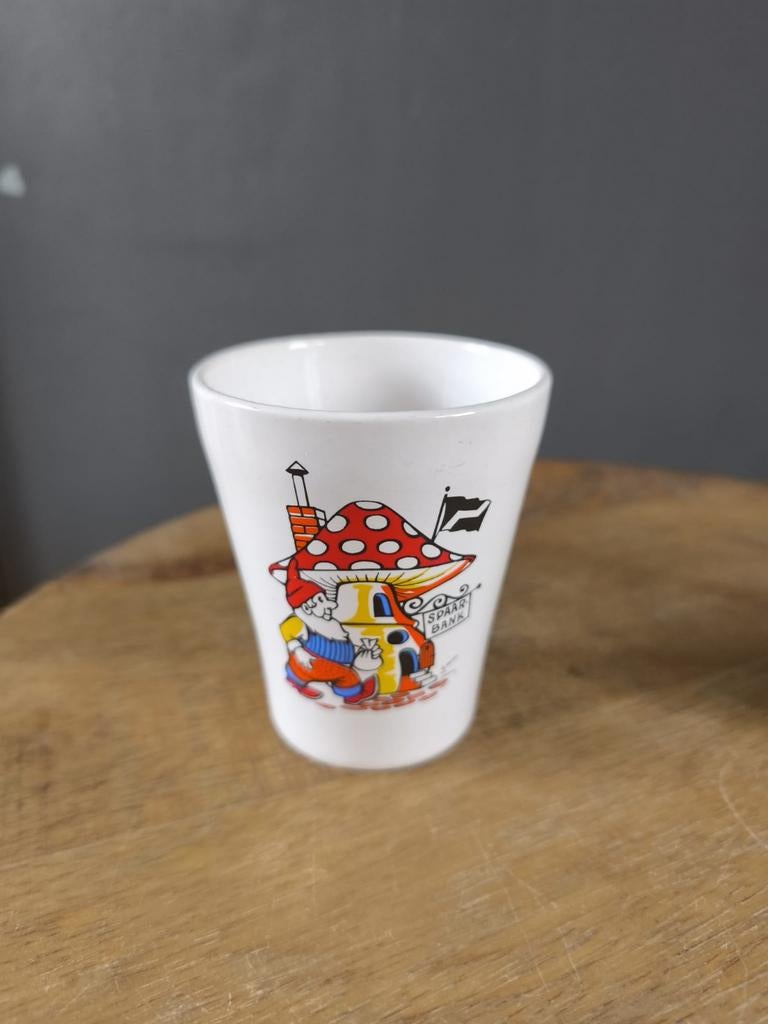 Vintage Spaarbank Bekertje met Paddenstoel Huis, Huis en Inrichting, Keuken | Servies, Glas of Glazen, Gebruikt, Ophalen of Verzenden