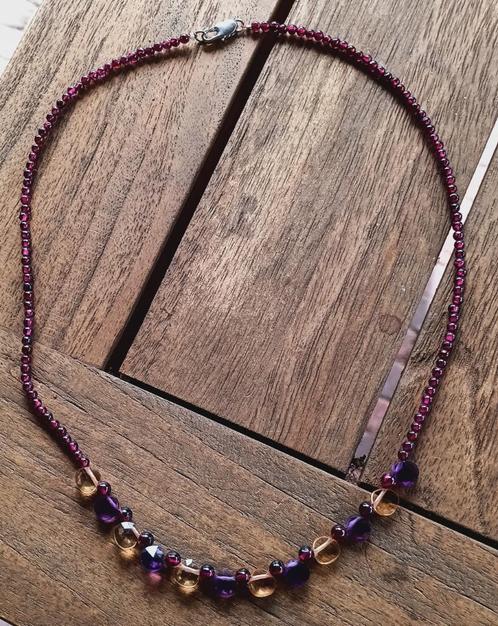 DB06 Ketting met granaat kralen 3mm, amethyst en citrien, Sieraden, Tassen en Uiterlijk, Kettingen, Nieuw, Steen of Mineraal, Paars