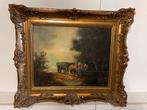 Olieverf schilderij doek in lijst paardenmet wagen 40x50 cm, Ophalen of Verzenden