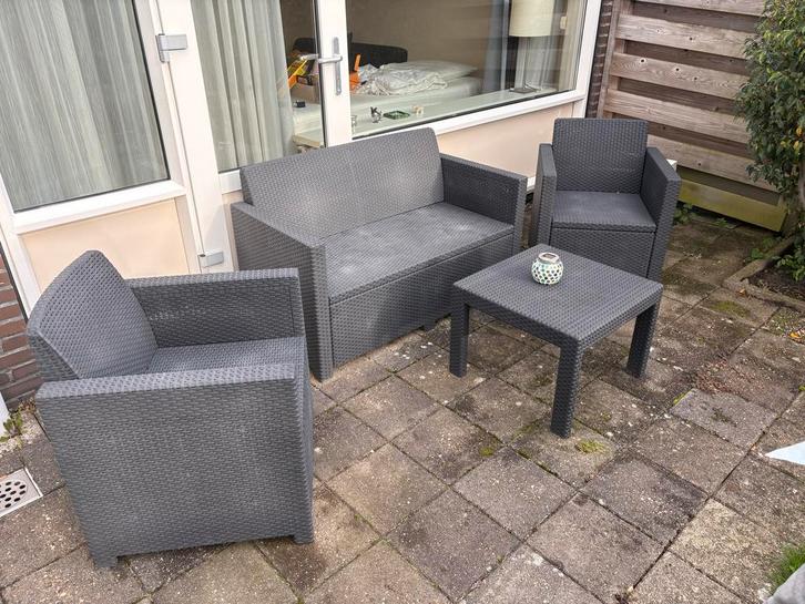 Leen Bakker Tuinset Zwart, Tuin en Terras, Tuinsets en Loungesets, Gebruikt, Tuinset, Kunststof, 4 zitplaatsen, Bank, Ophalen of Verzenden