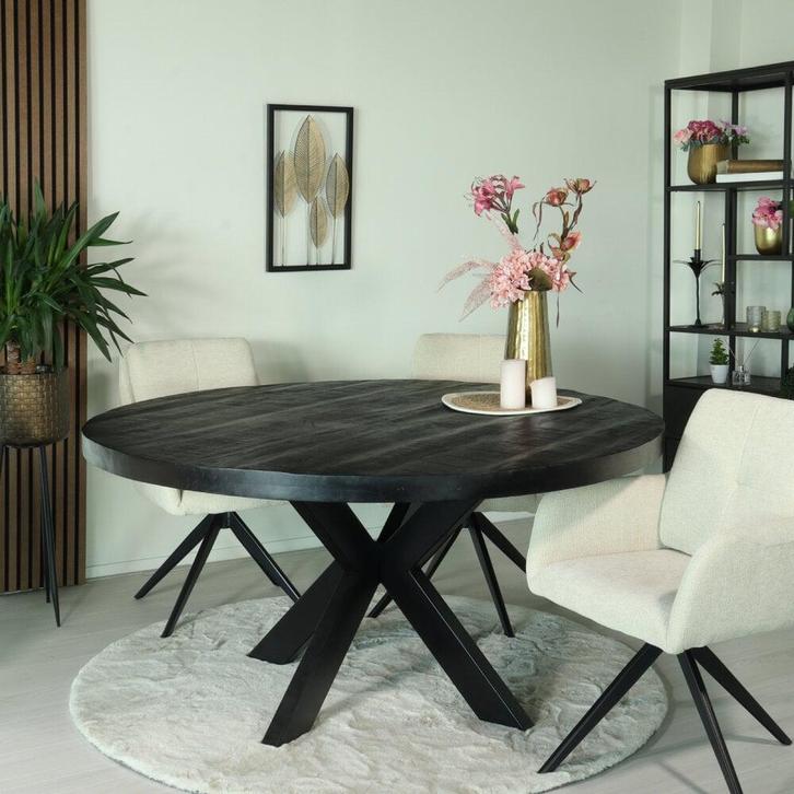 Zwarte Mango Houten Tafel, Huis en Inrichting, Tafels | Eettafels, Nieuw, 50 tot 100 cm, 100 tot 150 cm, Vier personen, Rond, Overige houtsoorten