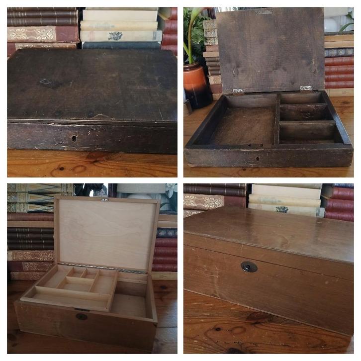 Twee oude kistjes kisten met vakken en één met sleuteltje, Antiek en Kunst, Curiosa en Brocante, Ophalen of Verzenden