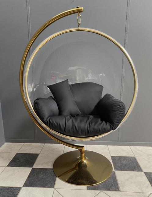 Zeer apart hang bubbel stoel goud kleur frame zwart kussen, Huis en Inrichting, Fauteuils, Gebruikt, Kunststof, Metaal, Stof, 100 tot 125 cm