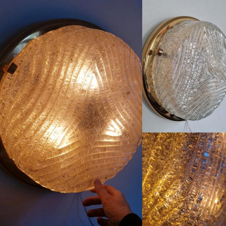 XL 41 cm Design Hillebrand ijsglas Murano lamp Messing ice, Huis en Inrichting, Lampen | Plafondlampen, Zo goed als nieuw, Glas