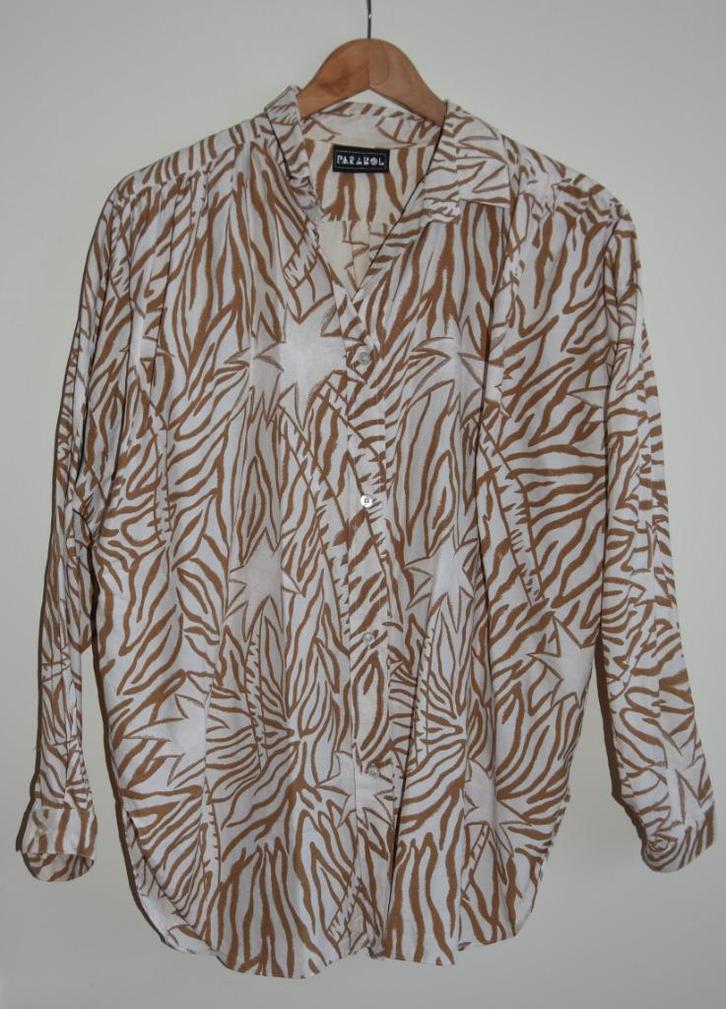 Blouse Parabol maat 42 / 44 met palmbomen bruin wit tropical, Kleding | Dames, Blouses en Tunieken, Gedragen, Maat 42/44 (L), Bruin