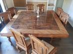 Massieve houten eettafel met 8 stoelen, Ophalen, Zo goed als nieuw, Klassieke houtsnijwerken, 6 tot 8 stoelen